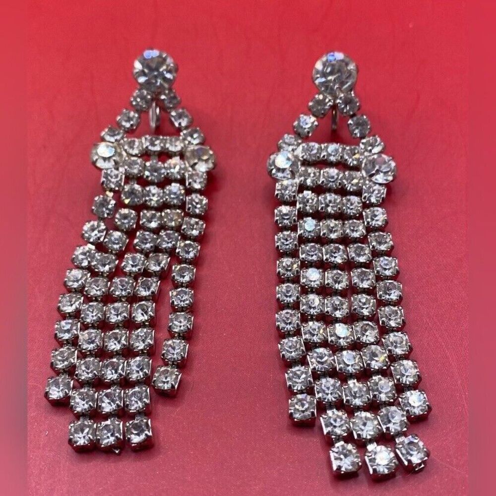 Vintage Women’s Earrings Rhinestones Cascade MCM Art Deco 3.5” Statement